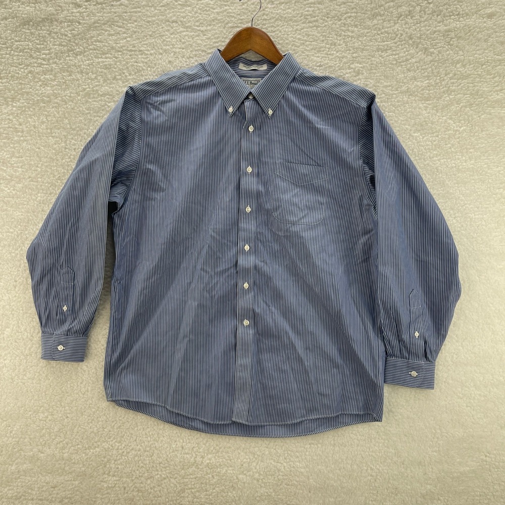 LL Bean Shirt Mens 17 35 Blue Pinpoint Oxford OCBD Striped Long Sleeve Preppy